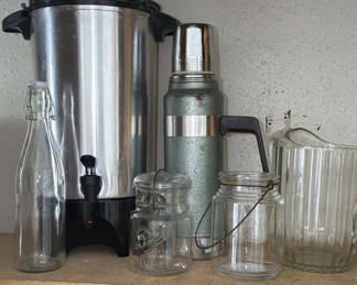 Lot 103: Beverage Dispenser, Thermos, Glass Pitcher, Bottles, and Storage Jars