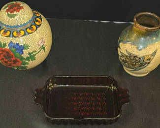 Lot 5: Decorative Ceramic Jar, Pottery Vase, and Glass Tray
