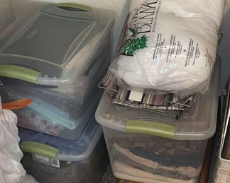 Lot 66: Storage Bins of Fabric, Linens, and Wrinkle Blanket