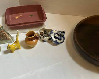 Lot 231: Assorted Ceramic Figurines, Vases, Wooden Bowl, and Storage Containers