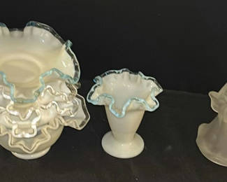 Lot 13: Fenton Style Milk Glass Ruffled Bowls, Vase, and Frosted Glass Bell Figurine