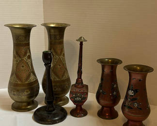 Lot 235: Decorative Metal Vases and Candle Holder Set