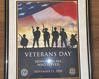 Lot 71: Framed Veterans Day Poster, Framed Landscape Print, and Wooden Frames