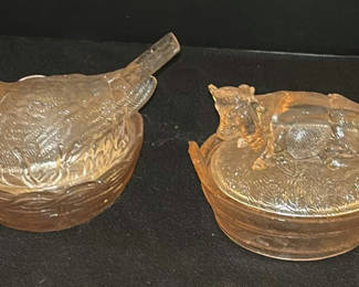 Lot 14: Two Pink Depression Glass Covered Dishes with Bird and Cow Lids