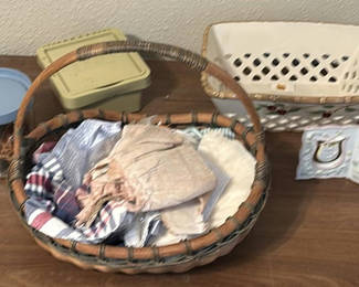 Lot 54: Assorted Decorative Baskets, Fabric Pieces, and Household Items