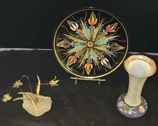 Lot 7: Decorative Floral Plate, Ceramic Vase, and Metal Flower Sculpture