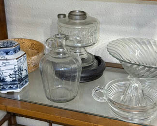 Lot 137: Assorted Glassware, Ceramic Jar, and Wooden Bowl
