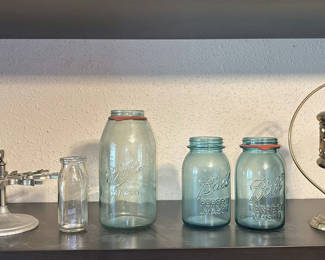Lot 38: Vintage Glass Mason Jars and Metal Decorative Items
