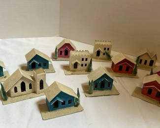 Lot 241: Vintage Miniature Cardboard Village Houses and Church Set