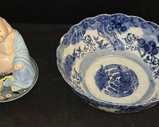 Lot 15: Blue and White Ceramic Bowl and Seated Figurine