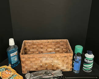 Lot 247: Wicker Basket with Toiletries, Cleaning Items, and Grooming Tools