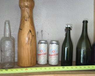 Lot 102: Collection of Vintage Glass Bottles, Beer Cans, and Wooden Vessel