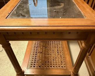 Traditional Style Glass Top and Cane Shelf End Table