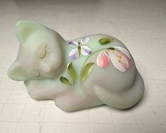 Fenton Burmese Glass Sleeping Cat Figurine, Signed and Numbered
