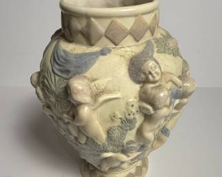Vintage Cherub Relief Ceramic Vase