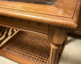 Traditional Style Glass Top and Cane Shelf End Table