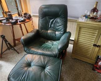 MCM green leather chair and ottoman