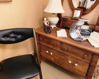 MCM folding chair with vintage oval mirror dresser