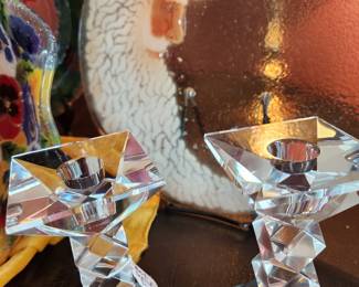 Crystal candlesticks with Peggy Karr Santa