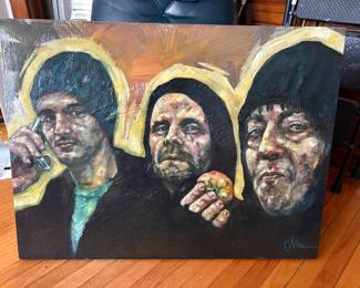 Original oil painting on canvas depicting three figures in dark hoods or beanies, rendered in a textured, expressive style with warm halo-like backgrounds.