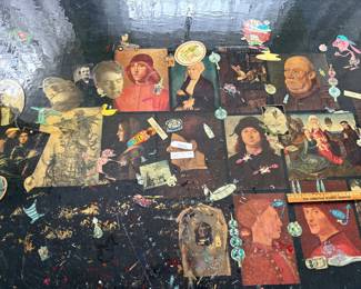 Susan Wise's drafting table, embellished with her decoupage and collage
