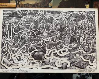 Signed and numbered lithographs by Gerald Wise (1941-2021). Gerald Wise was a noted artist, known for his highly detailed surreal Escher style drawings that frequently addressed current events and social issues. Jerry graduated from Wheaton College in Illinois, and then earned a MA and MFA from Northern Illinois University. He had a lengthy career as a professor of art at the University of Minnesota, Mankato, and at Westfield State University, Westfield, MA, where he retired as Professor Emeritus in 2016. He was also a Fellow at the Fine Arts Work Center in Provincetown, MA.