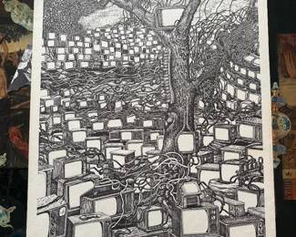 Signed and numbered lithographs by Gerald Wise (1941-2021). Gerald Wise was a noted artist, known for his highly detailed surreal Escher style drawings that frequently addressed current events and social issues. Jerry graduated from Wheaton College in Illinois, and then earned a MA and MFA from Northern Illinois University. He had a lengthy career as a professor of art at the University of Minnesota, Mankato, and at Westfield State University, Westfield, MA, where he retired as Professor Emeritus in 2016. He was also a Fellow at the Fine Arts Work Center in Provincetown, MA.