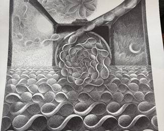 Signed and numbered lithographs by Gerald Wise (1941-2021). Gerald Wise was a noted artist, known for his highly detailed surreal Escher style drawings that frequently addressed current events and social issues. Jerry graduated from Wheaton College in Illinois, and then earned a MA and MFA from Northern Illinois University. He had a lengthy career as a professor of art at the University of Minnesota, Mankato, and at Westfield State University, Westfield, MA, where he retired as Professor Emeritus in 2016. He was also a Fellow at the Fine Arts Work Center in Provincetown, MA.