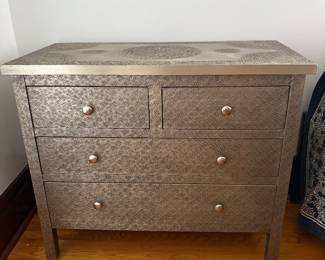 mango wood dresser wrapped in decorated and stamped metal, very cool looking