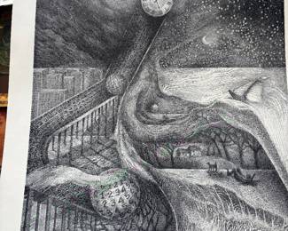 Signed and numbered lithographs by Gerald Wise (1941-2021). Gerald Wise was a noted artist, known for his highly detailed surreal Escher style drawings that frequently addressed current events and social issues. Jerry graduated from Wheaton College in Illinois, and then earned a MA and MFA from Northern Illinois University. He had a lengthy career as a professor of art at the University of Minnesota, Mankato, and at Westfield State University, Westfield, MA, where he retired as Professor Emeritus in 2016. He was also a Fellow at the Fine Arts Work Center in Provincetown, MA.