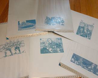 Aluminum off-set lithograph plates for original Christmas card designs by Susan Wise. These would be so cool if they were trimmed and framed. A little Christmas-y and a little industrial