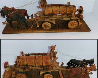 Vintage Hand Carved Wooden Beer Cart with Mule Team &  Villagers, Anri Italy.