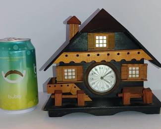 Vintage Music Box Clock Jewelry Box Swiss Chalet Alpine Wooden Log Cabin Germany