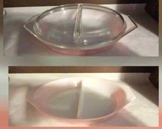 vintage Pyrex Pink Daisy 1 1/2 Quart Divided Casserole Dish with a clear glass divided lid, produced by Corning Glass Works between 1956 and 1962