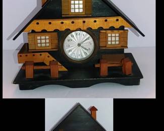Vintage Music Box Clock Jewelry Box Swiss Chalet Alpine Wooden Log Cabin Germany ( non work clock & music)