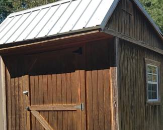 Country log cabin type storage house with metal pitch roof ( size to post-price will not be available until the sale) cannot be removed until the sale is over 