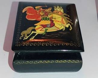 VTG Russian Lacquer Small Trinket Box Palekh Fairy Tale Horse Folk Art Signed