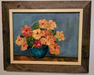 Floral art on canvas with barn wood frame