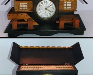 Vintage Music Box Clock Jewelry Box Swiss Chalet Alpine Wooden Log Cabin Germany