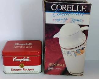 Campbell's soup recipe 10 and 1980s Corelle thermos in box