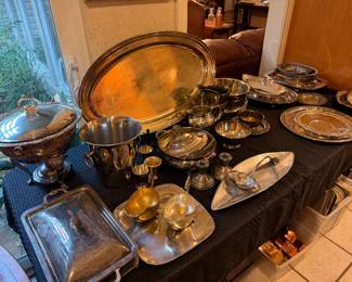 Huge silver plate collection with unique pieces- ice, buckets, wine, buckets, unusual shaped platters