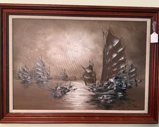 Vintage 3-D relief sailing ships on canvas