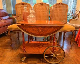 Marquetry style inlaid wood tea cart