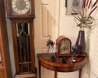 ANTIQUE grandfather clock, half moon table brass sculpture, ANTIQUE Clock