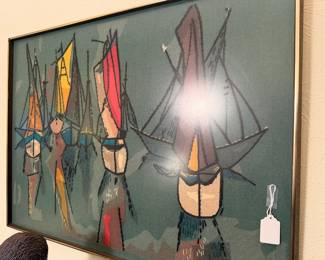 Mid-century textile art with yarn accents- like crewel but better