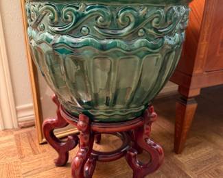 Beautiful green pottery on Asian style stand