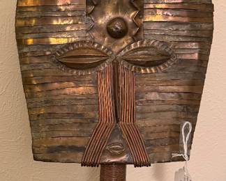 Rare Gabon Kota Mahongane guardian figure crafted wood, covered with brass & copper strips