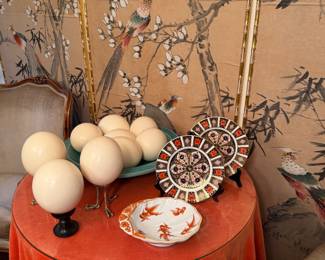 Ostrich eggs, Pair Royal Crown - Derby old Amari plates