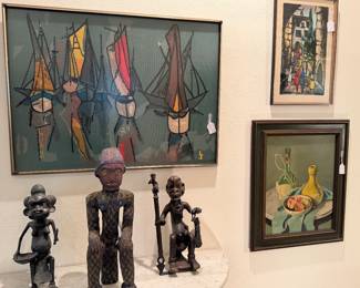 Yoruba & Beaded Cameroon tribal statues, mid century textile art, MCM modernist art, original still life