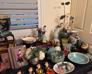 Asian vases, bowls, stands, planters, stone pieces, figures